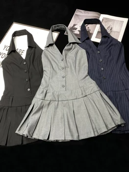 [YOZOU] Suvel Disain Varrukateta Päitsed Backless Mini Kleidid V Kaela Plisseeritud Kleit Sundress Ühes Tükis Naiste Kpop Rave Stiilis