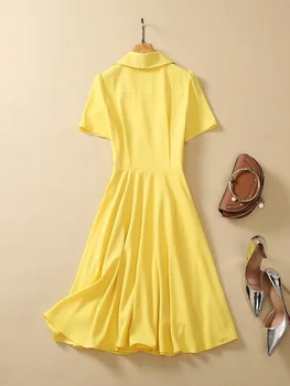 Mood Suvel Kollane Kleit Naiste 2023 Disainer Lühikesed Varrukad Vabaaja Lihtne Vestido Para Mujer Keera Krae Elegantne Kleit