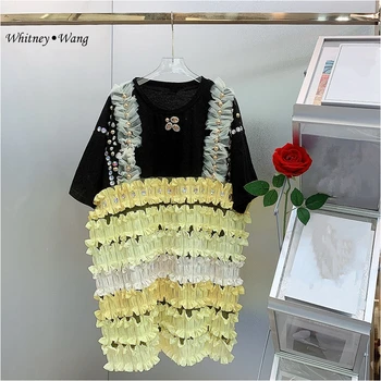 WHITNEY WANG Disainer Stiili 2023 Summer Fashion Streetwear Kristallid Profileerimine Kihiline Ruffled T-Särk Naiste Kleit