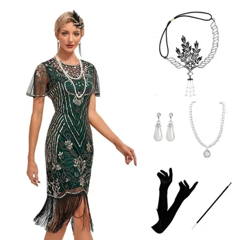 Wepbel Y2K Karneval Gatsby Kleit Naiste Lühike Varrukas Kokteili 1920 Vintage Ehitud Kleit O-kaeluse Tutt Poole Pidulik Kleit