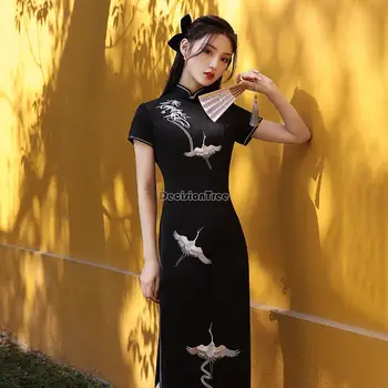 2023 uus naiste suve must lühike varrukas hiina qipao elegantne paranenud cheongsam kleit pikk vintage päevane kraana qipao g560