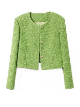 Sügisel Ja Talvel, Elegantne Roheline Tweed Lühike Mantel Naistele Elegantne Single-Breasted Mood Põhjuslik Tahke Naine Outwear Jope