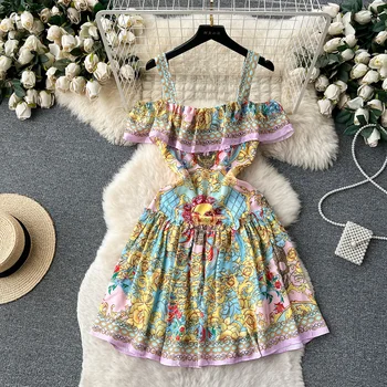 Naiste Elegantne Vintage Print Kleit 2023 Kihiline Ruffle Sirge Kaelus Rihm Maha Õla Kleit Puhkus Suvel Mini Kleit