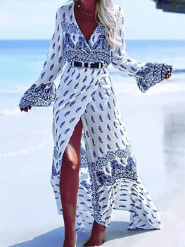 Bohemian Prindi Wrap Suvine Pikk Kleit Naised, Põletatud Varrukad Puhkus Seksikas Pareo Puhkus Split Rüü Beach Vintage Kleidid