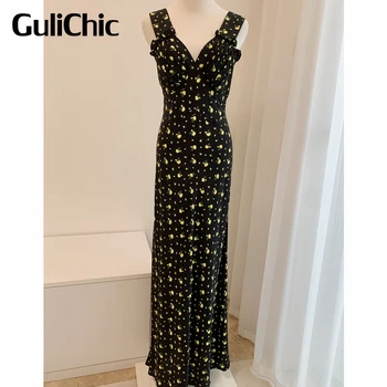 7.8 GuliChic Naiste Puhkus Vabaaja Varrukateta Ruffle Õie Printida Kõrge Vöökoht Silk Slim Pikk Kleit