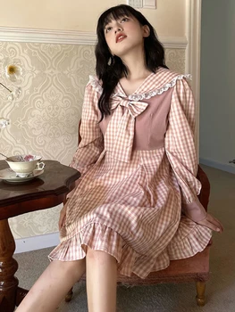 Deeptown Jaapani Stiilis Roosa Mini Kooli Kleit Naiste Kawaii Armas Jk Ühtne Ruffles Ruuduline Segast Pika Varrukaga Kleidid Sügis