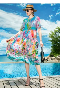 Daamid Boho Prindi Õie Silk Midi Kleit Korea Versiooni Retro Vabaaja Pool Kleit Primavera Uus Kerge, Elegantne Rannas Päikest