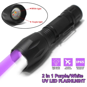 2 in 1 UV LED Taskulamp Lilla/Valge Valgus zoom Taskulamp Võimsa UV-Testimine Lamp Pet Uriini Detektor Jahindus Tähelepanu keskpunktis 18650