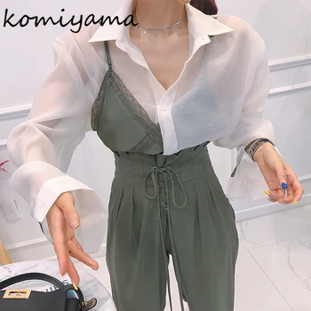 Komiyama Rinnamikrofon Kaelus Pikk Varrukas Blusas Mujer 2023 Sügisel Uus Elegantne Särgid, Pluusid Ühe Brested Camisas Pits Vest