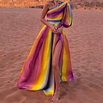 Naiste Elegantne Puhvis Õlad Slim Beach Pikk Kleit Seksikas Mood Boho-Line Kleit Rainbow Gradient Värve Erisoodustuse Prindi Pool Kleit