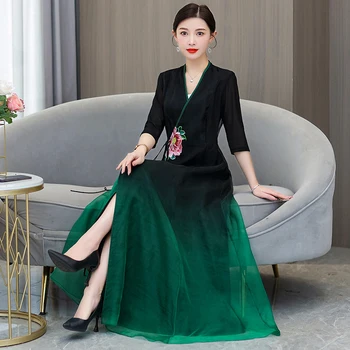 Uued Hiina stiilis kerge riikliku stiilis kleit temperament roheline paranenud cheongsam lühikeste varrukatega V-kaeluse kaldus pits-kleit üles