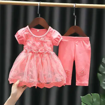 2023 Korea Vastsündinud Beebi Tütarlaste Suvine Kleit Komplekt 2 Tk Kids Pits Profileerimine & Tikand Kleidid + Kärbitud Püksid Laste Varustus