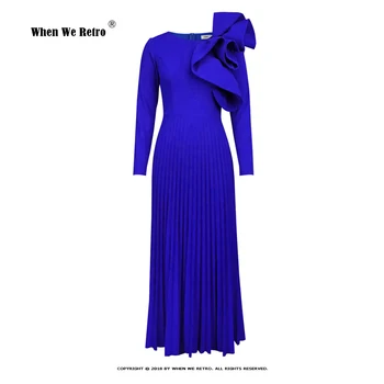 Elegantne Ümar Kaelus Kõrge Vöökoht Mosaiik Sinine Kleidid Wome Suvel Uus Pikad Varrukad Plisseeritud Kleit Õhtu Poole Kleit VP0188
