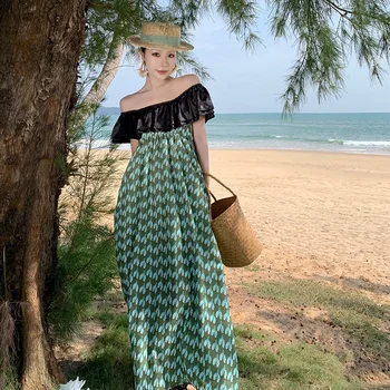 Naiste slash kaela ruffles segast roheline lind printida kõrge vöökoht maxi long beach puhkus kleit SML