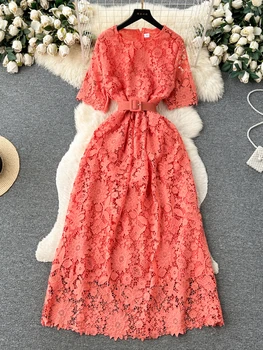 FTLZZ Suvel Elegantne Naiste Pits Õõnes Läbi Midi Kleit Vintage Lady O-kaeluse Ruffled Tahke Kleit Juhuslik Naine-line Kleit